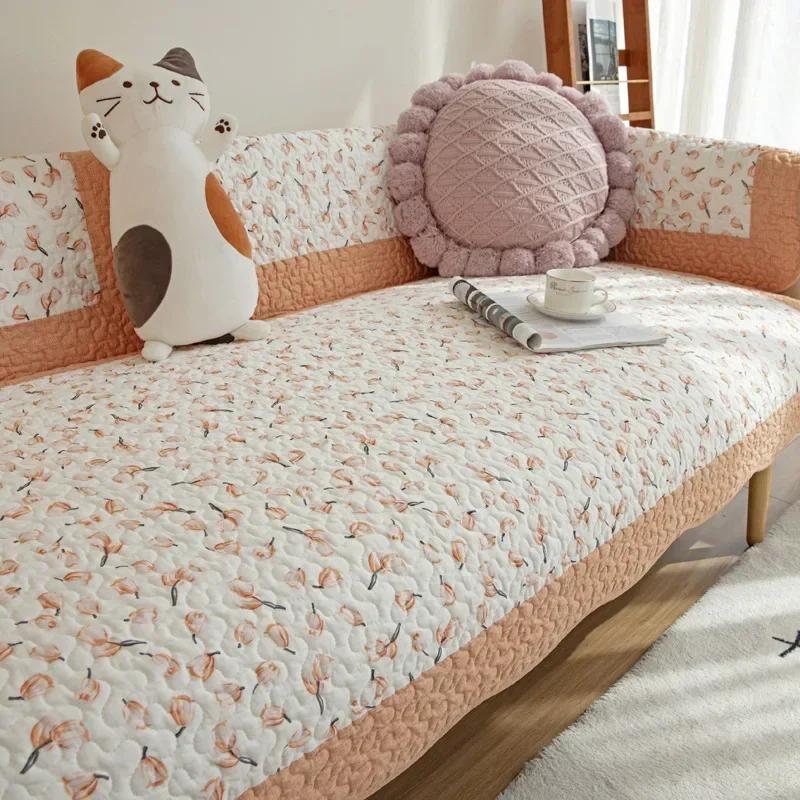 Korean Style Small Floral Pure Cotton Sofa Cushion for Living Room Pets Kids Furniture Protector Washable Removable Couch Covers