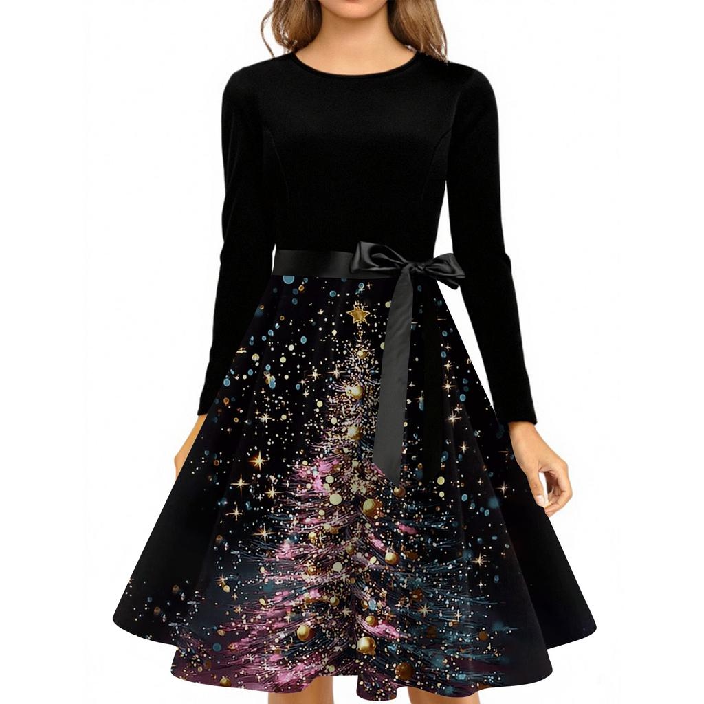 Women's Fashionable And Elegant  Winter Long-sleeved Christmas Tree Print Dress