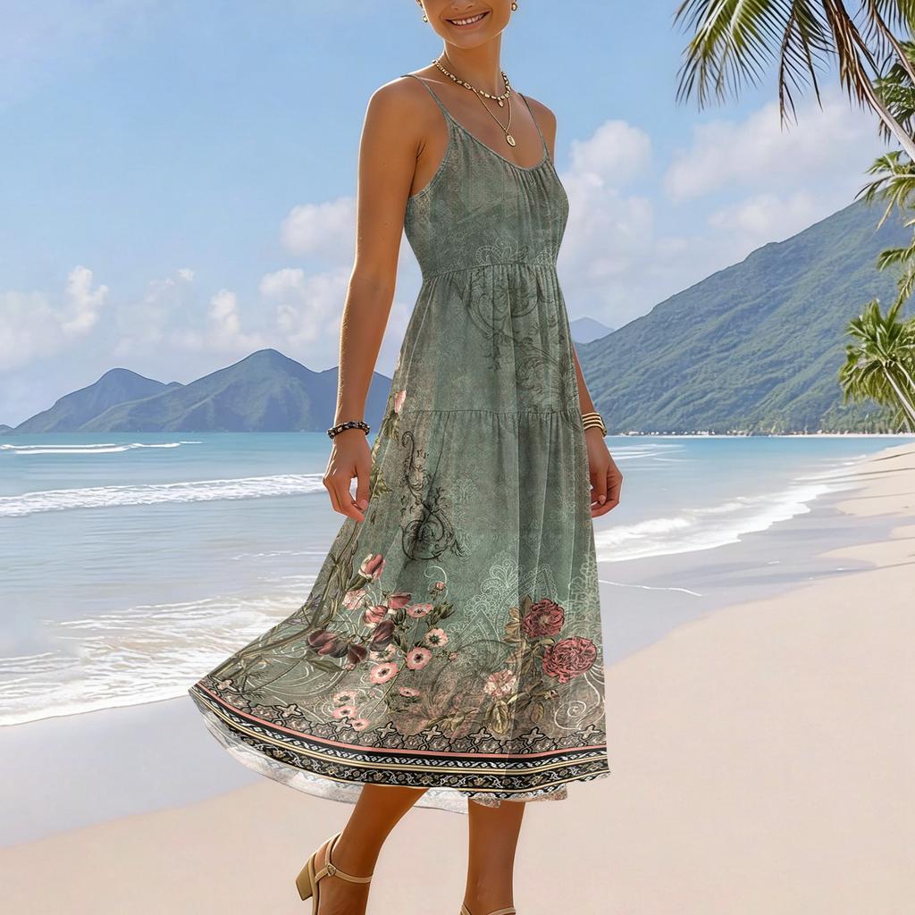 Women’s Summer Floral Print Pocket Adjustable Strap Bohemian Casual Beach Holiday Sundress Loose Fit Sleeveless Dress