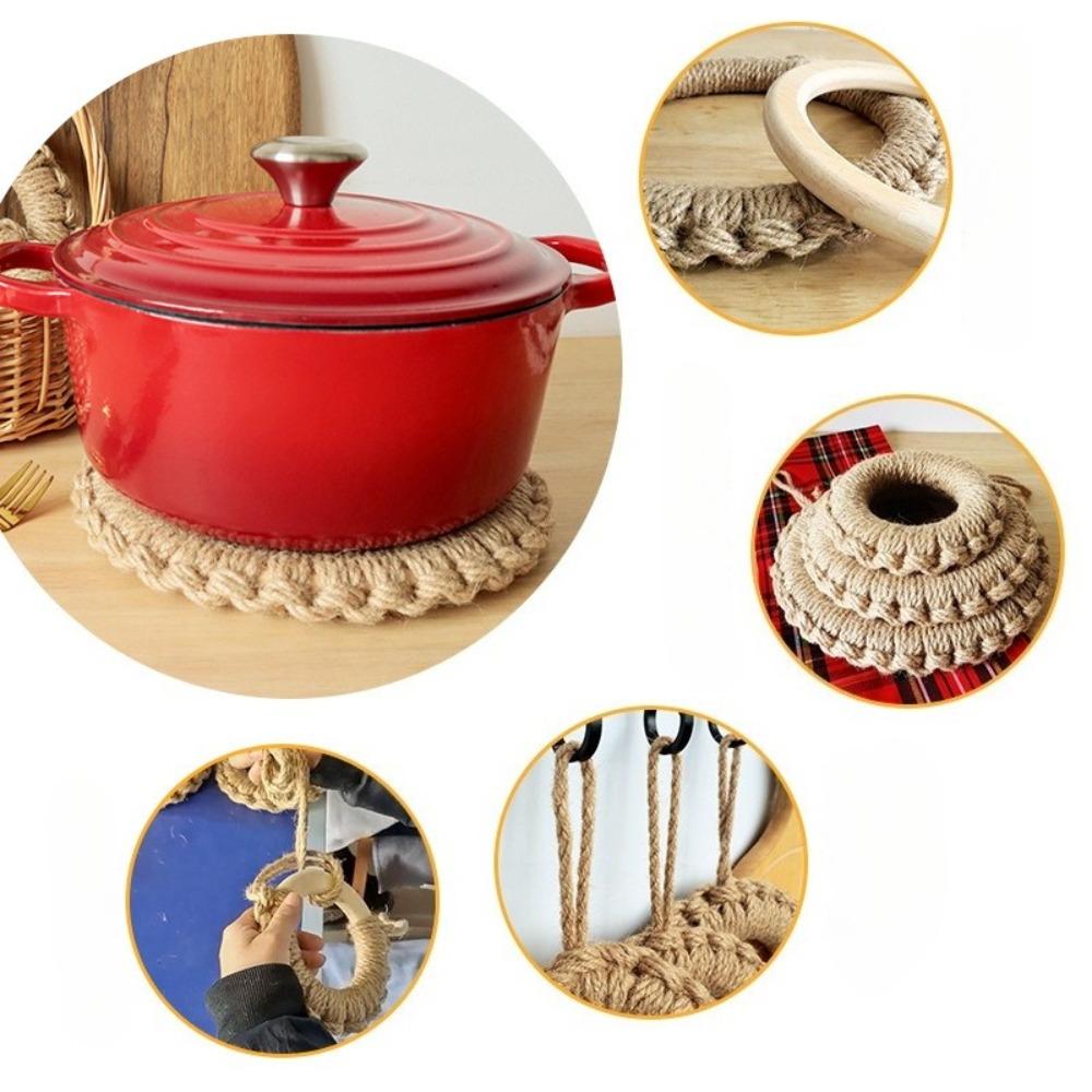 2Pcs Rustic Jute Woven Trivets Boho Hot Pads Thick Heat Resistant Round Rope Pot Holder for Cast Iron Skillet Table Decor