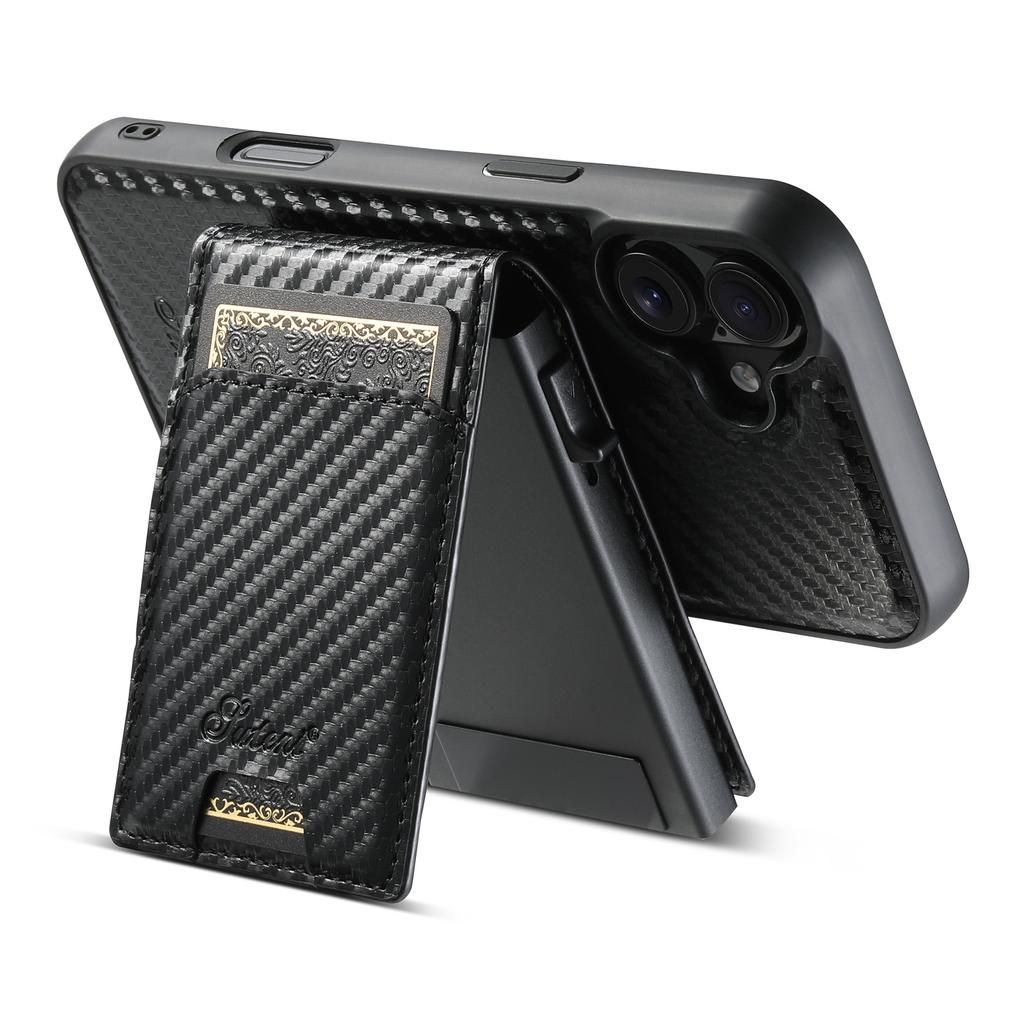SUTENI H19 For iPhone 16 Plus Magnetic Case Carbon Fiber Texture Leather Back Cover with Card Bag