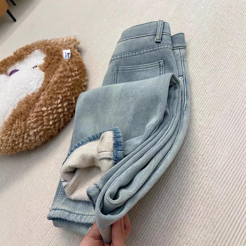 Fleece Thickened Straight Jeans for Women, New Loose and Thin Wide-leg Pants In Autumn and Winter
