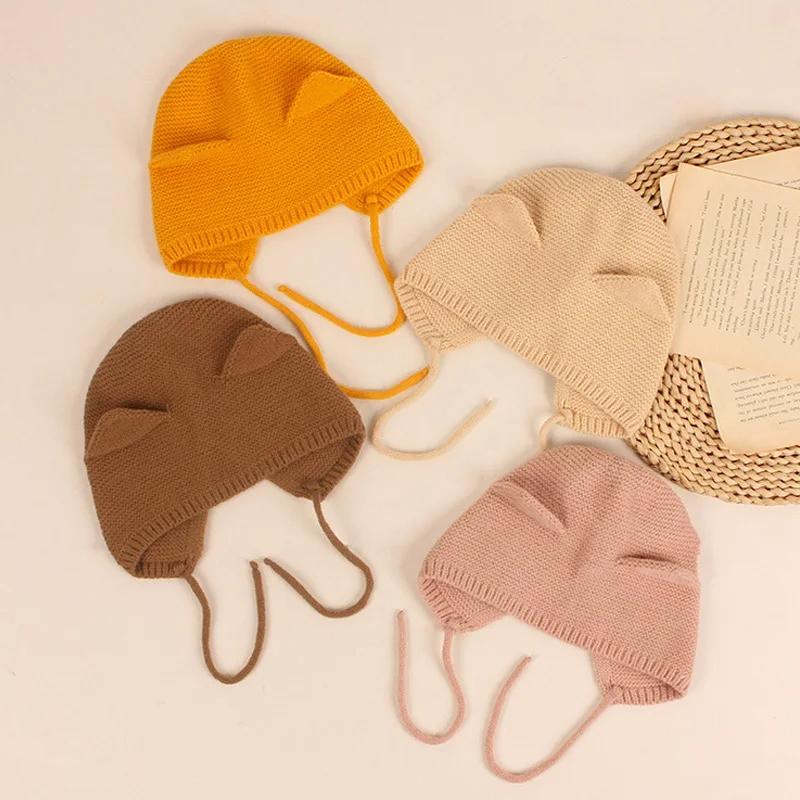 Winter Warm Knitted Baby Hat With Ears Solid Color Baby Boys Girls Cap Beanies Soft Infant Toddler Earflap Hats Bonnet