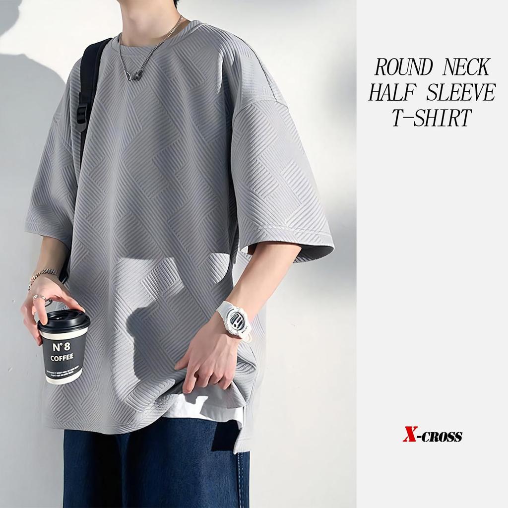 Sleeve Solid Loose Crew Big Round Korean Street Short Simple Gray X-cross Men's 3/4 T-Shirt, Color, Fit, Opaque, Stylish, Oversized, Neck, Silhouette,