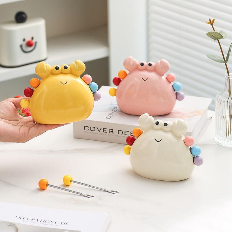 6pcs Cute Stainless Steel Dessert Fruit Forks Set with Ceramic Crab Shaped Storage Jar