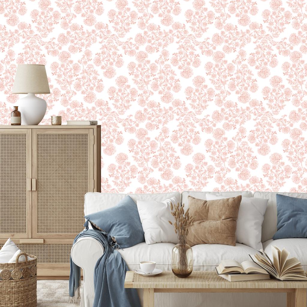 Wallpaper Flowers White, Coral and Peach for Living Room and Bedroom 50x1000