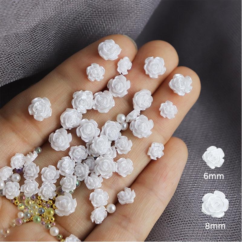 50Pcs Rose Flower Nail Art Decorations with Mini Pearls Resin Flower Nail Art Charms for DIY Acrylic Nails Bride Nail