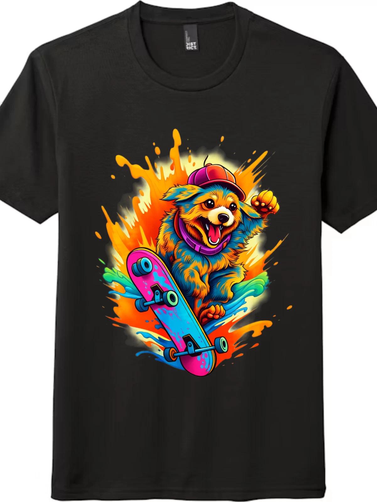 Cool Skate Dog Unisex T-Shirt, Vibrant Graffiti Dog Skateboard Graphic Tee XXXXL