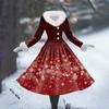 Women's Casual Dress Long-Sleeve V-Neck Patchwork Fleece Christmas Print Dress