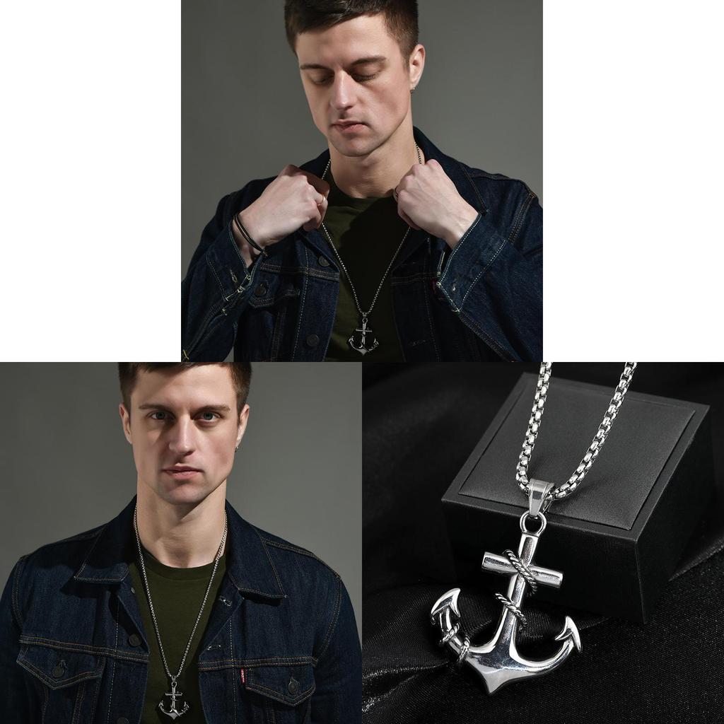 Caribbean Pirate Ship Anchor Cross Necklace For Men With Polished Titanium Steel Chain