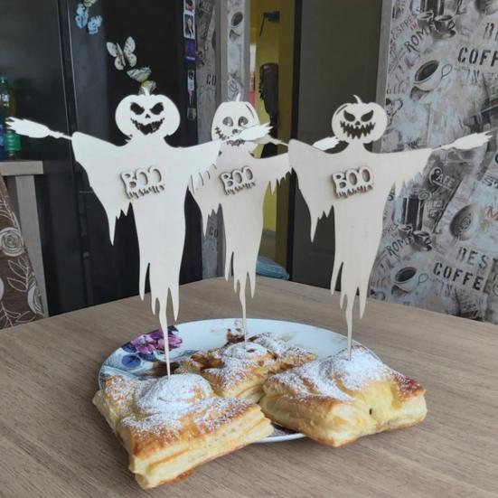 3 Pcs Halloween Cupcake Toppers Spooky Pumpkin Ghost Wooden Cupcake Pick for Halloween Theme Baby Shower Birthday Party Cake Decoration