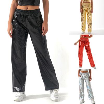 Women's Shiny Metallic Trousers Hip Hop Dance Baggy Trousers Long Loose Pants Jogging Bottoms