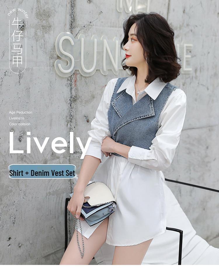 Elegant 2025 Spring/Summer Two-Piece Set: Solid Shirt + Denim Vest