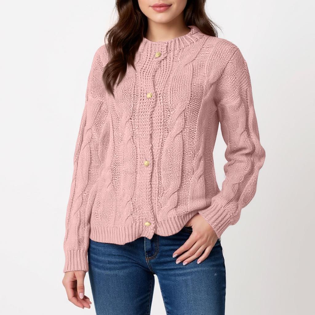 Damen Rundhals Langarm Zopfmuster Strickjacke Einfarbig Locker Gestrickte Strickjackenpullover Jacke