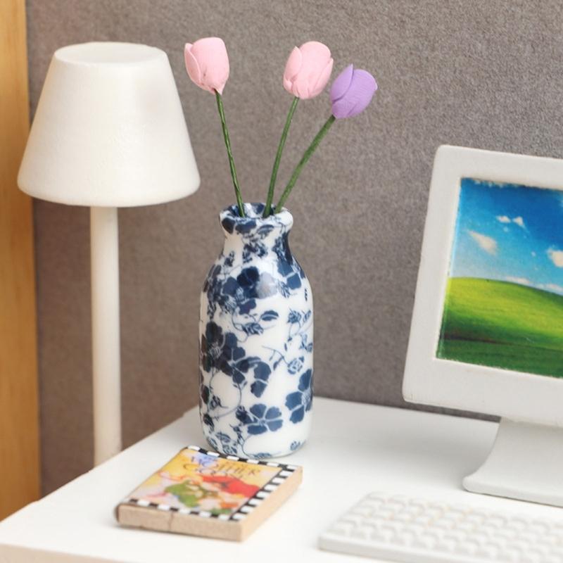1:12 Dollhouse Vase Doll House Vase Vessel Vase Mini Vase Blue & White Porcelain with A Strong Chinese Style Decorat