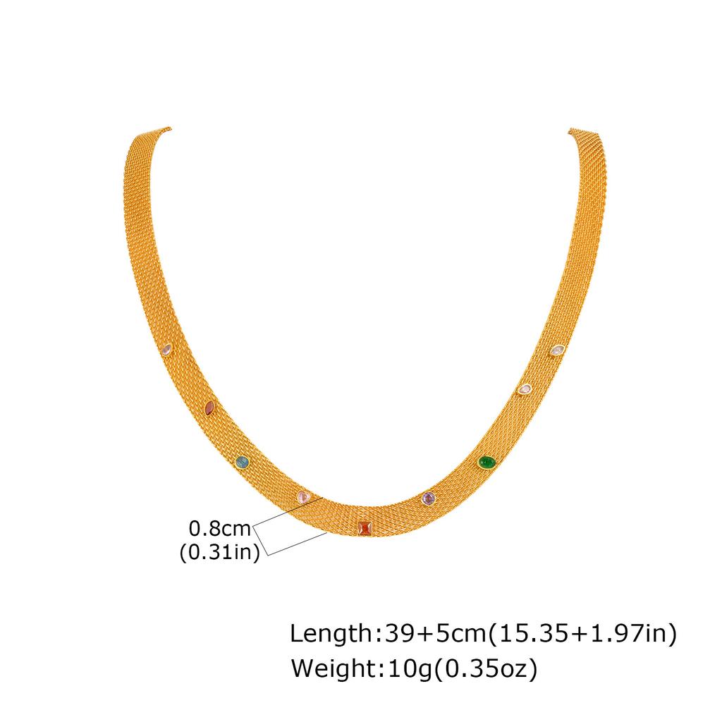 Wide-Faced Stainless Steel Mesh Chain Colored Zircon Gold Necklace Ladies 2381