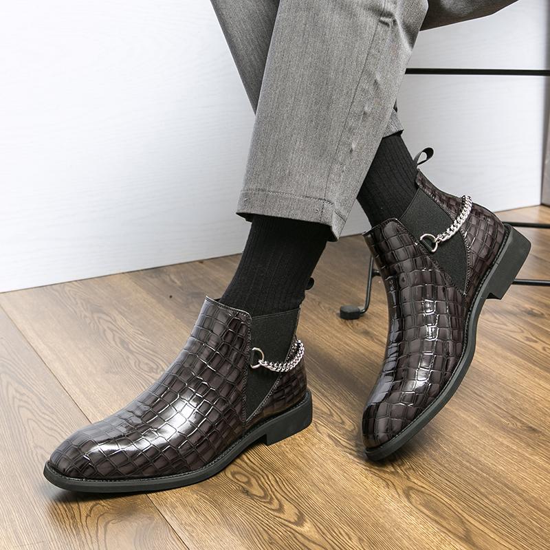 Fashion New Fashion Chelsea Boots Men's Leather Boots Metal Chain Decoration Boots Luxury Business Slip-on Crocodiles Grey Ankle Boots