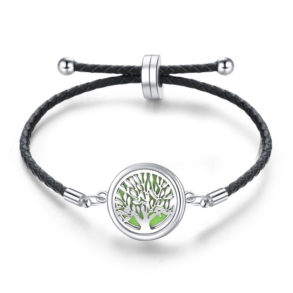 Women's Adjustable Braided Leather Aroma Diffuser Tree of Life Bracelet