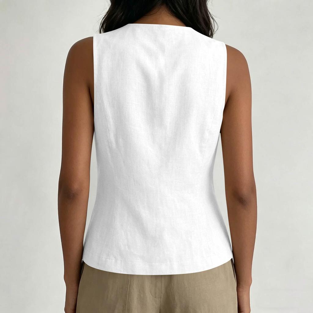 Women's Linen Blend Sleeveless Vest Top, Asymmetric Collar Button Down Blouse, Casual Summer Tank Top