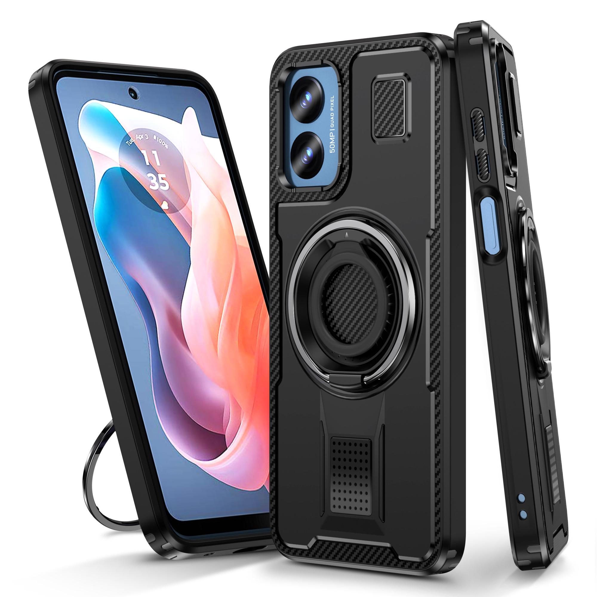 

For Motorola Moto G Play (2024) 4G Case TPU+PC Kickstand Phone Cover with Silicone Finger Strap Black