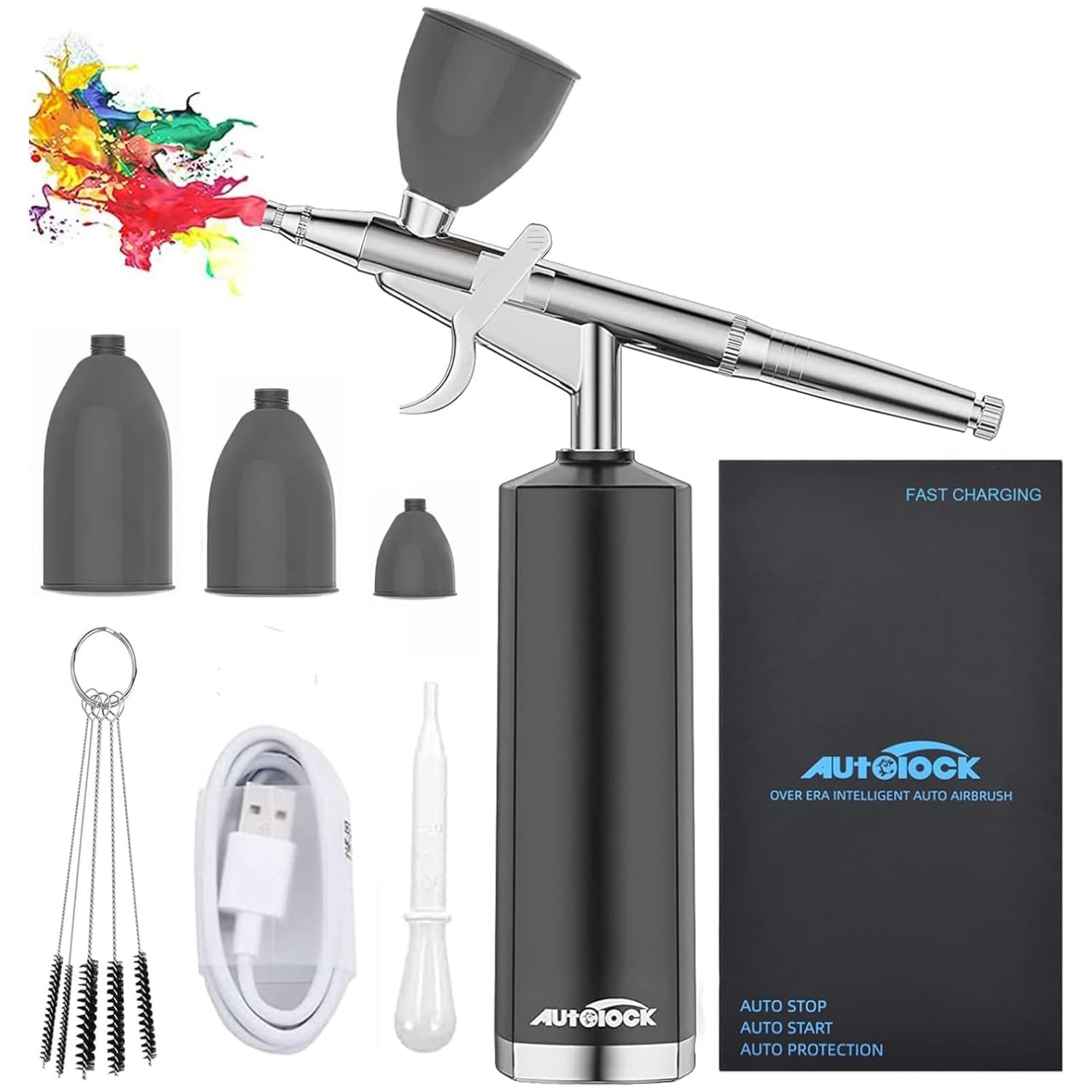 

Autolock Rechargeable Airbrush 30PSI Residual Power Visualization Trigger Type Air Compressor Double Action Diameter Nozzle Handpiece Adjustable High чорний