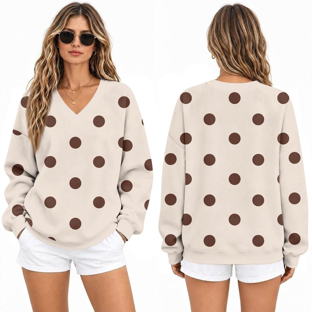Women's Loose Fit V-Neck Sweatshirt with Polka Dot Print Casual Pullover Top for Everyday Wear