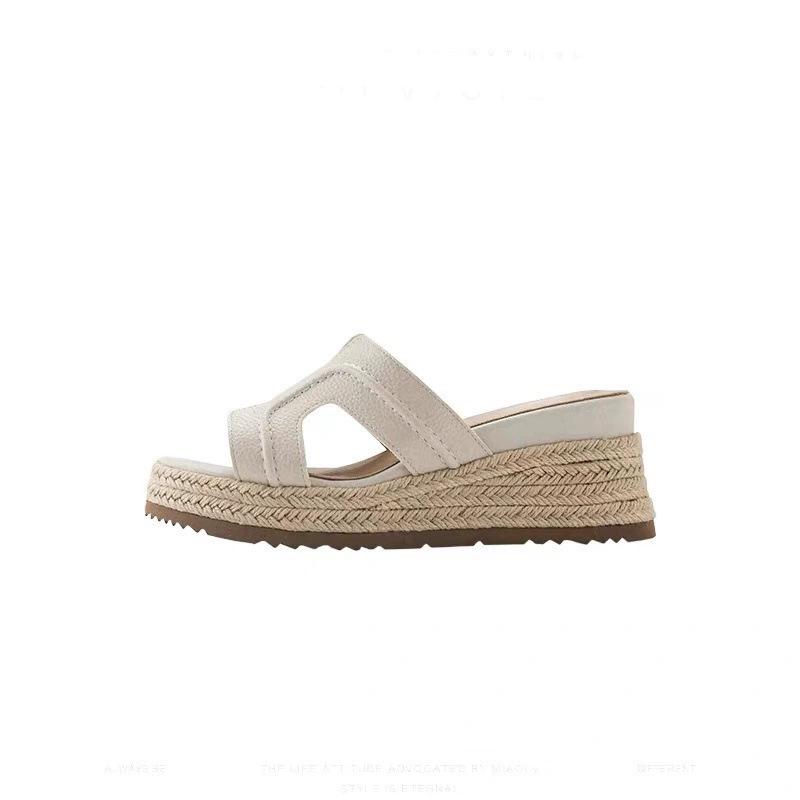 Summer New One-word Cool Slippers Women Wear Straw Muffin Shoes Platform High Heel Sandals Wedge Heel Thick Sole