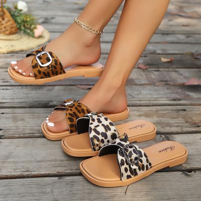 European and American Foreign Trade One-piece Buckle Leopard Print Large Size Women's Flat Slippers 2025 Summer New Fish Mouth Beach Sandals