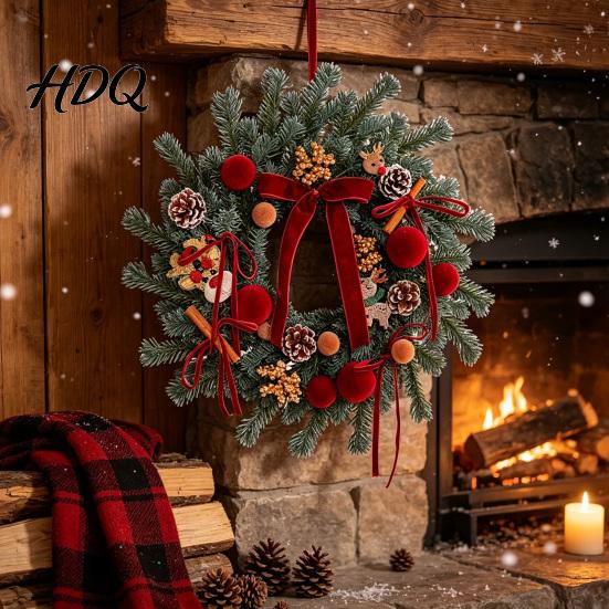 Natural Look Door Decoration Christmas Artificial Garland with Pinecones Cinnamon And Red Bows Decorative Wreath Hanging Rustic Pinecone Pendants for