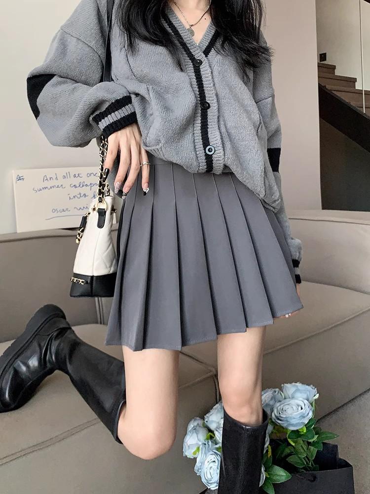 

Plus Size Coffee-coloured Pleated Skirt Women s Autumn Winter High-waisted Slimming Pleated Academic-style A-line Mini Skirt XS