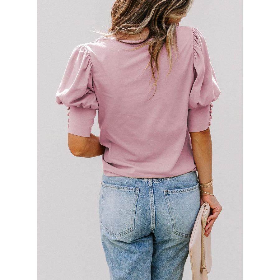 Summer Women's Round Neck Solid Color Button Loose Casual Short Sleeved T-shirt for Women