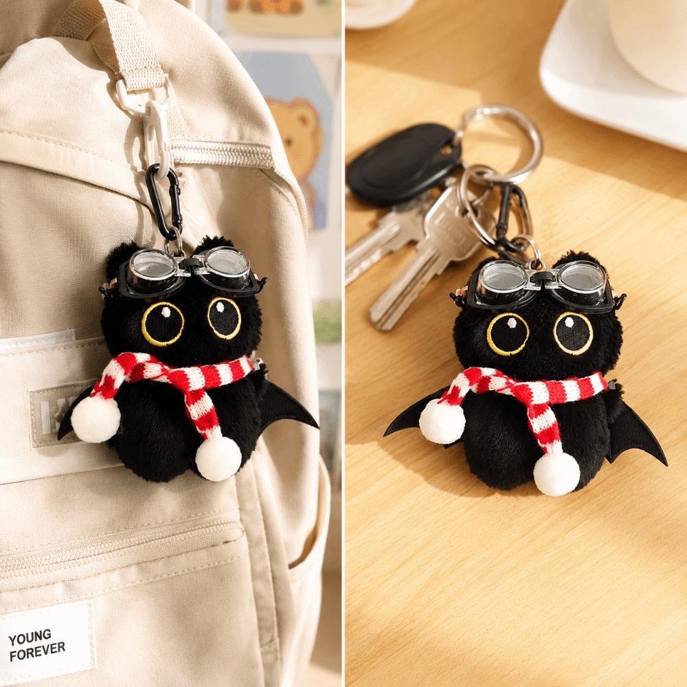 Cute Big Eyes Black Cat Plush Keychain Stuffed Little Devil Cartoon Wings Kitten Doll Pendant Soft Mini Car Keyring Bag Ornament