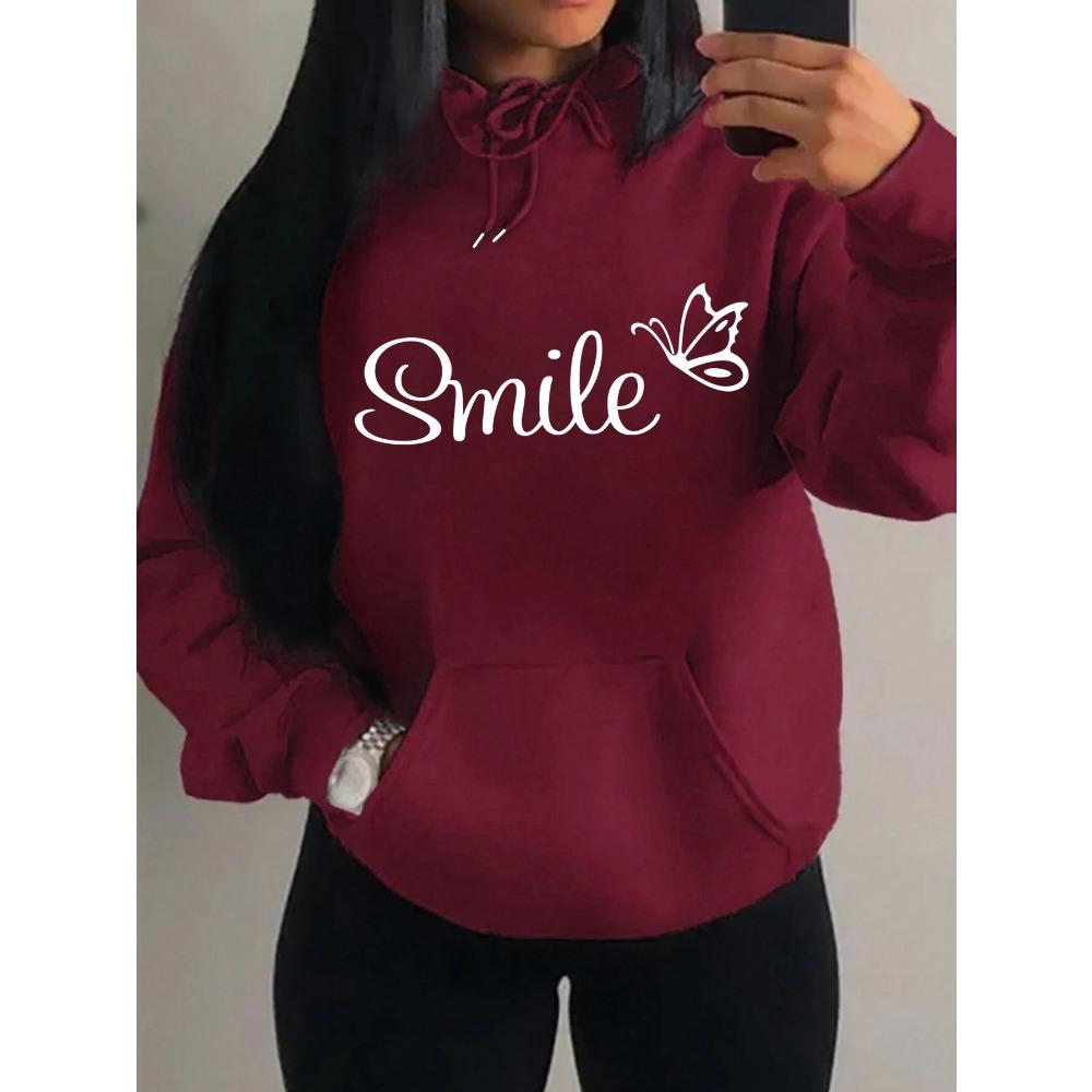 Smile Font Language Butterfly Pattern Hoody For Women Sport Pocket Clothing Cute Multicolor Streetwear Fashion Hoodies