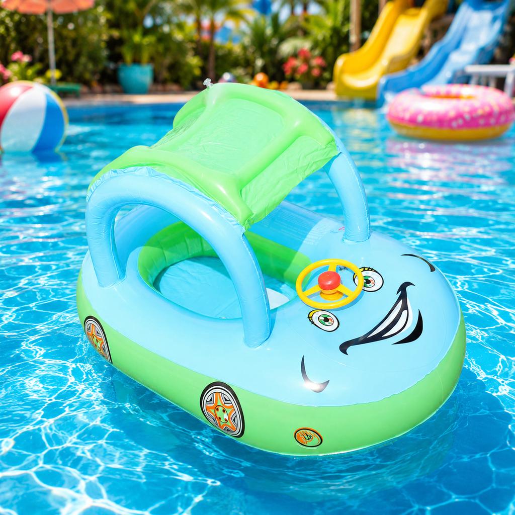 1pc Inflatable Baby Pool Seat Float with Canopy Sun Shade Swim Ring Water Seat Lounge Float with Steering Wheel Handles