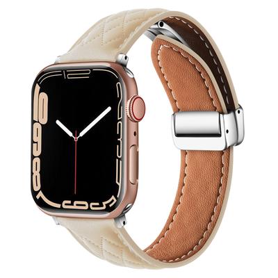 Leather Watch Band For Apple Watch Series 10 42mm/9 8 7 41mm/SE (2023) SE (2022) SE 6 5 4 40mm/3 2 1 38mm Rhombus Texture Strap with Folding Buckle