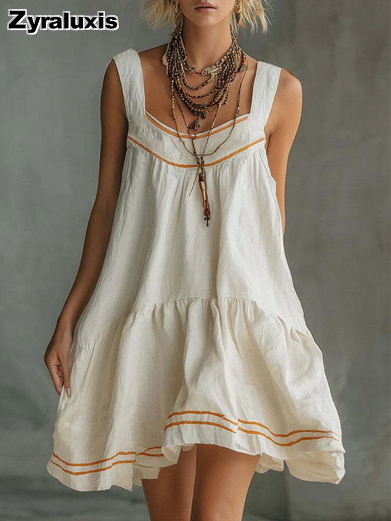 Neues Retro Lässiges Mode Gepresste Blume Bequem Einfarbige Baumwolle Leinen Mini Trägerkleid