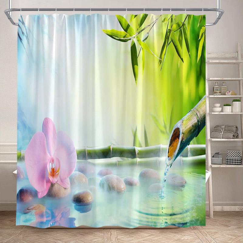 Zen Shower Curtain Natural Flowers Butterfly Grey Stone Reflection Spa Scenery Home Bathroom Decor Polyester Fabric Bath Curtain