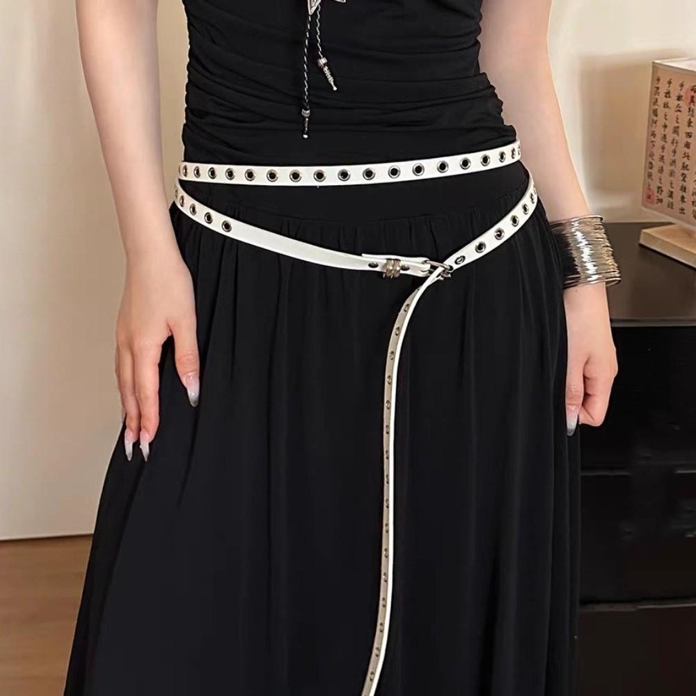 Adjustable Double Layer Circle Chain Extra Long Thin Rivet Eyelet Knotted Belt  Women