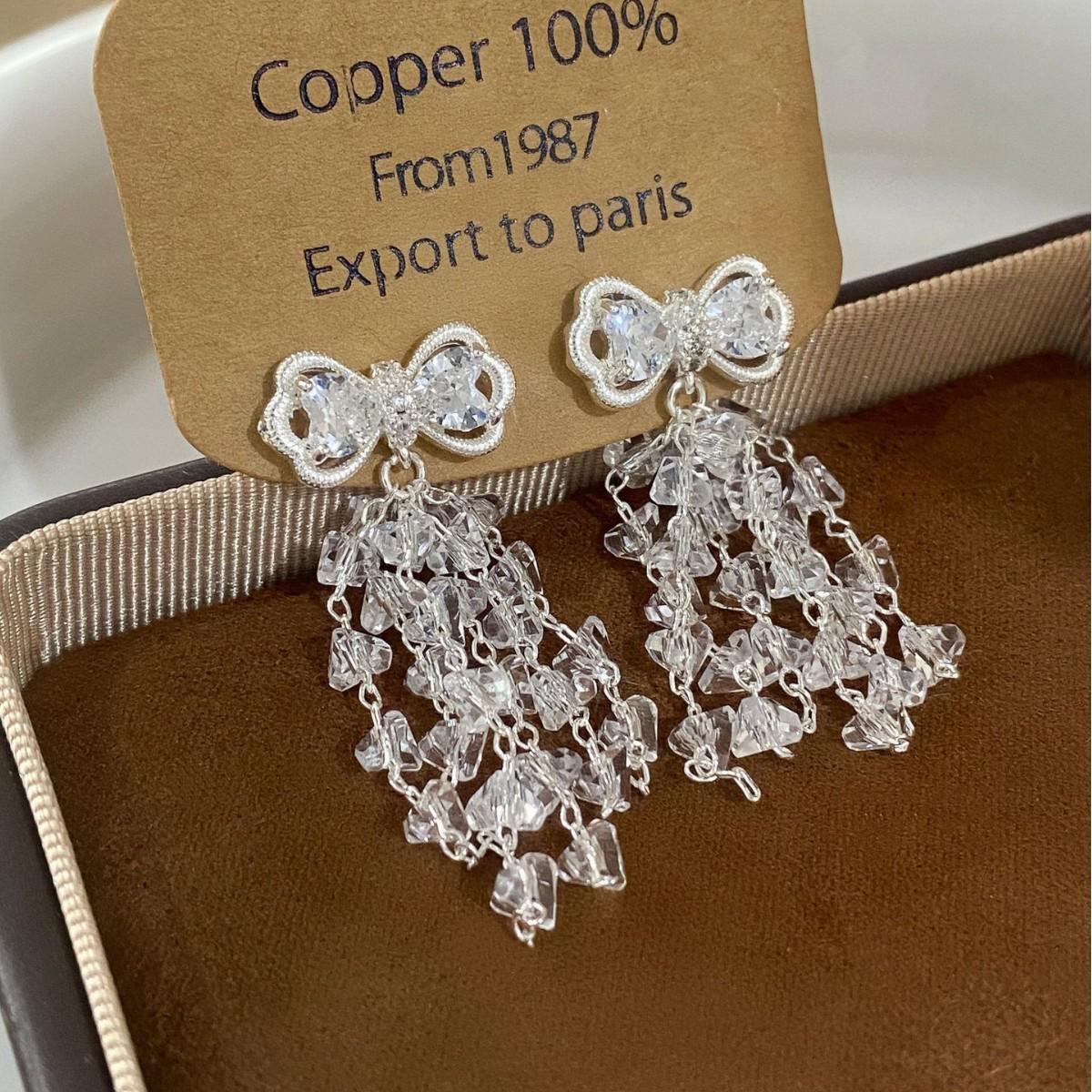 Exquisite French Zircon Bow Tassel Earrings - Light Luxury, Fashionable, Versatile Design.