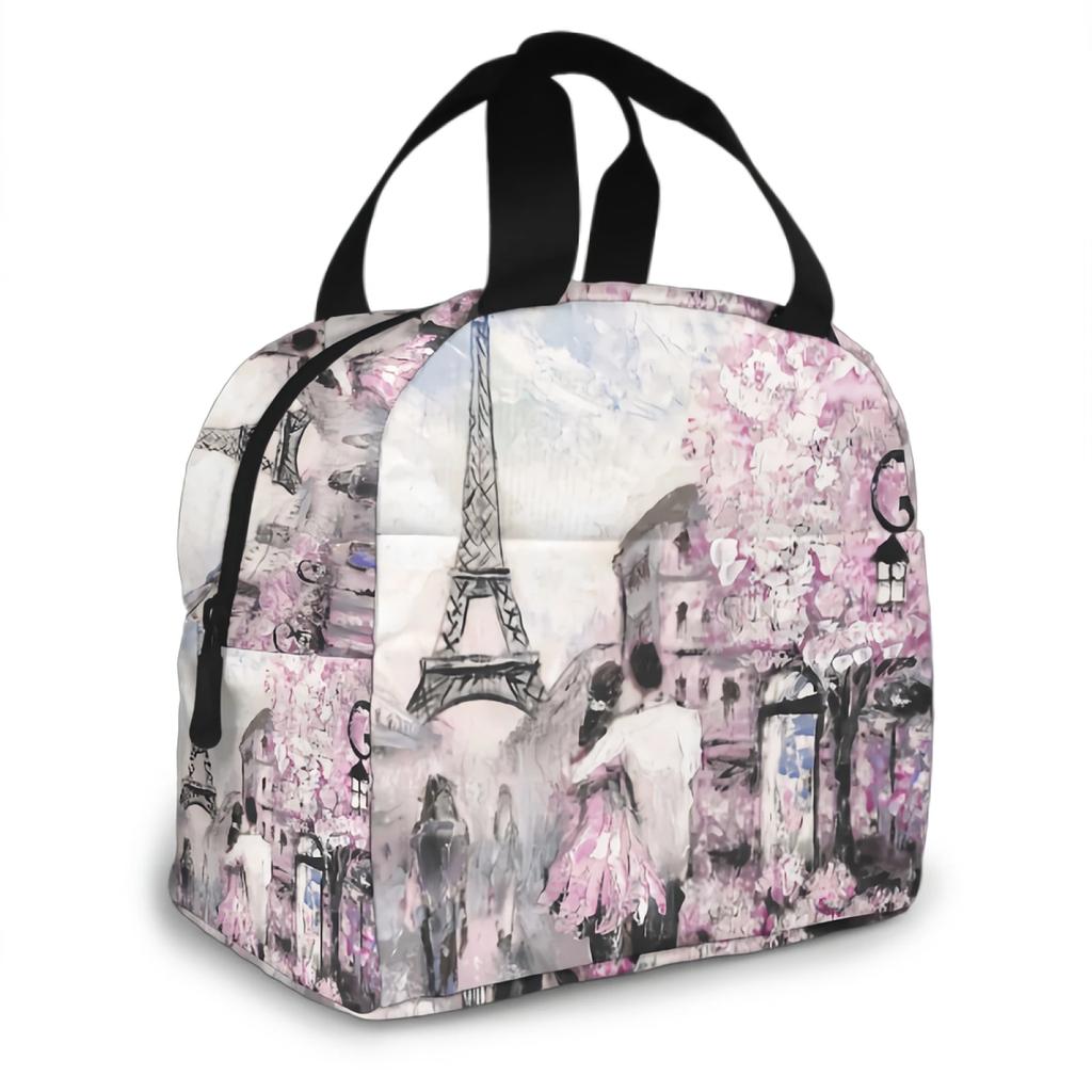Eiffel Tower Couple Pink Floral Lunch Bag Adult Tote Bag Reusable Lunch Box Container For Women Men School Office Work