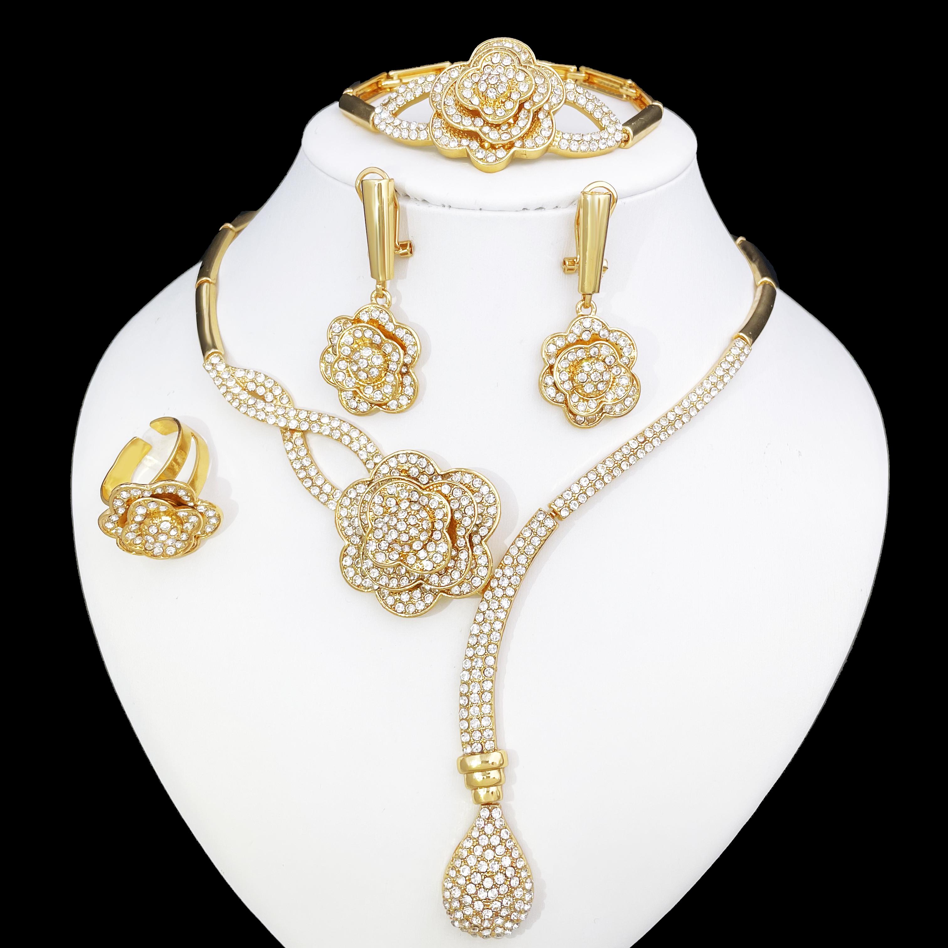 

Классический дизайн, женский комплект ювелирных изделий, бразильское позолоченное ожерелье, серьги, кольцо, браслет, роскошные ювелирные изделия из Дубая, тренды в Нигерии