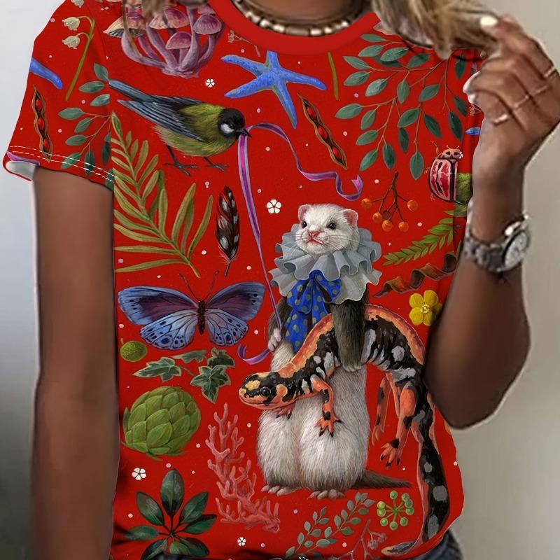 Ladies Funny Cat Animal Print Round Neck Short-Sleeved T-Shirt Fashion Casual Breathable Street Ladies Summer Clothing