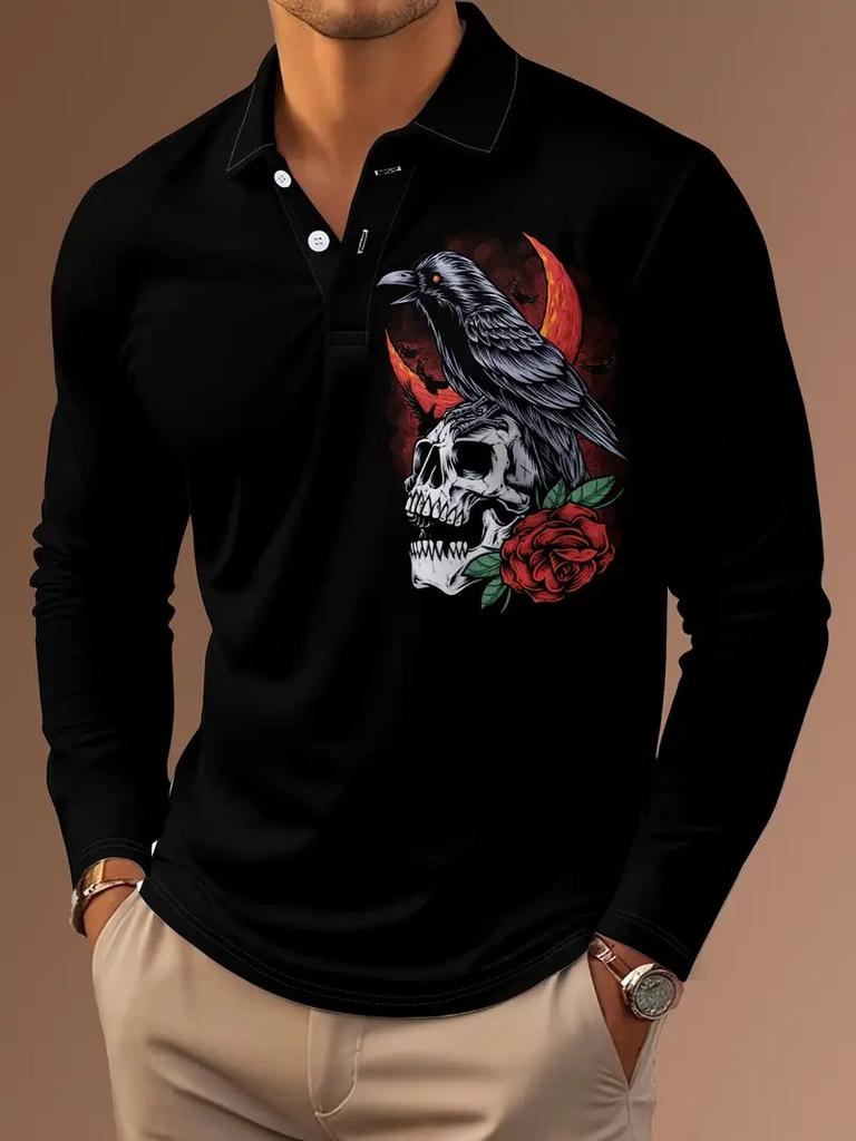 Patriotic Long Sleeve Polo Shirt, American Flag Graphic, Casual Style