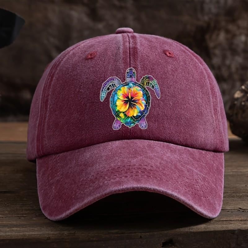 Vibrant Floral Turtle Baseball Cap Washed Cotton Adjustable Vintage Sun Visor for Unisex One Size