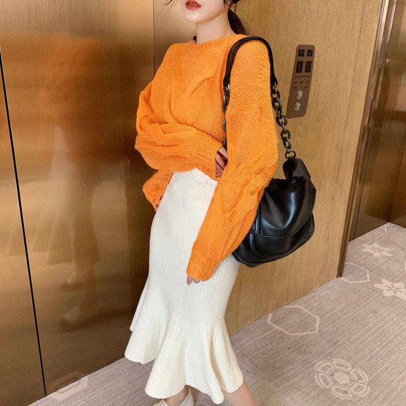 Spring and Autumn Versatile High Waist Lotus Leaf Edge Knitted Half Skirt for Women Medium To Long Hip Wrapping Fish Tail Skirt