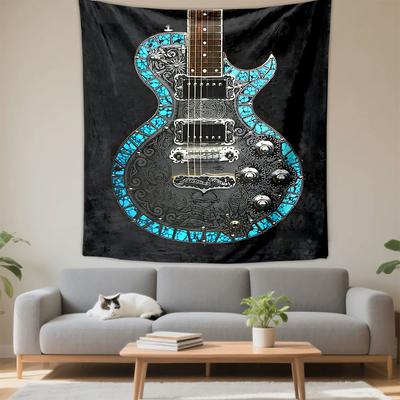 Ornate Carved Electric Guitar Turquoise Stone Inlay Engraved Black Wall Tapestry Rock Music Decor for Bedroom Man Cave