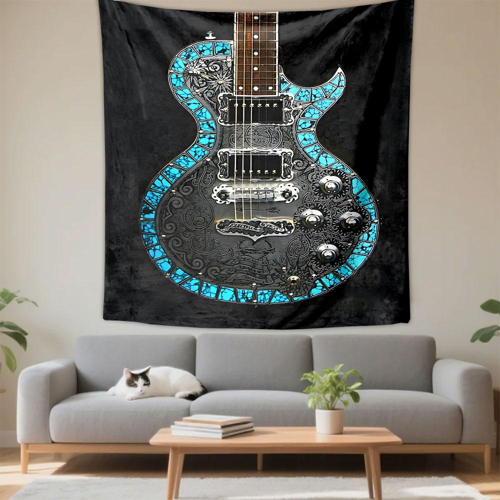 Ornate Carved Electric Guitar Turquoise Stone Inlay Engraved Black Wall Tapestry Rock Music Decor for Bedroom Man Cave