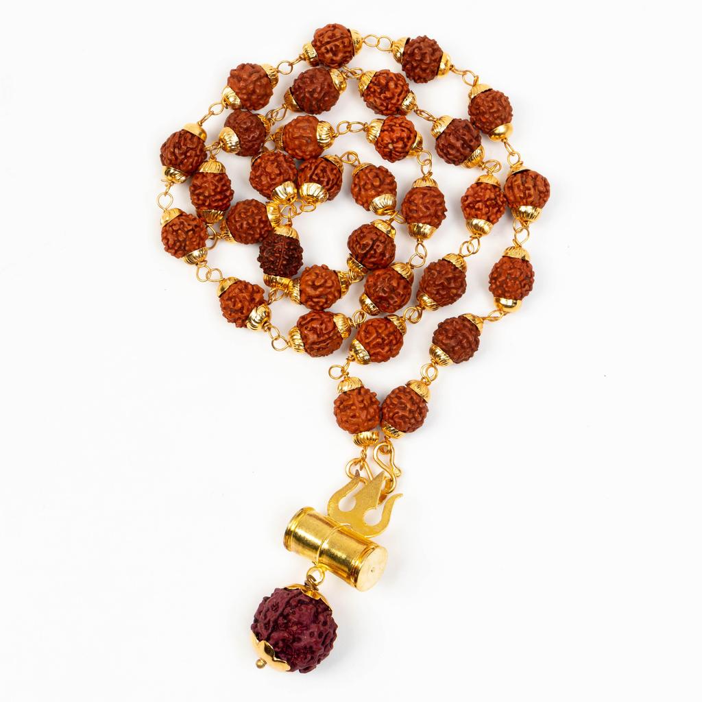 Rudraksha Mala with Brass Caps & Shiva Trishul | Natural Rudraksha Beads Necklace | Hindu Prayer Jewelry | Healing Mala | Unique Religious Gift
