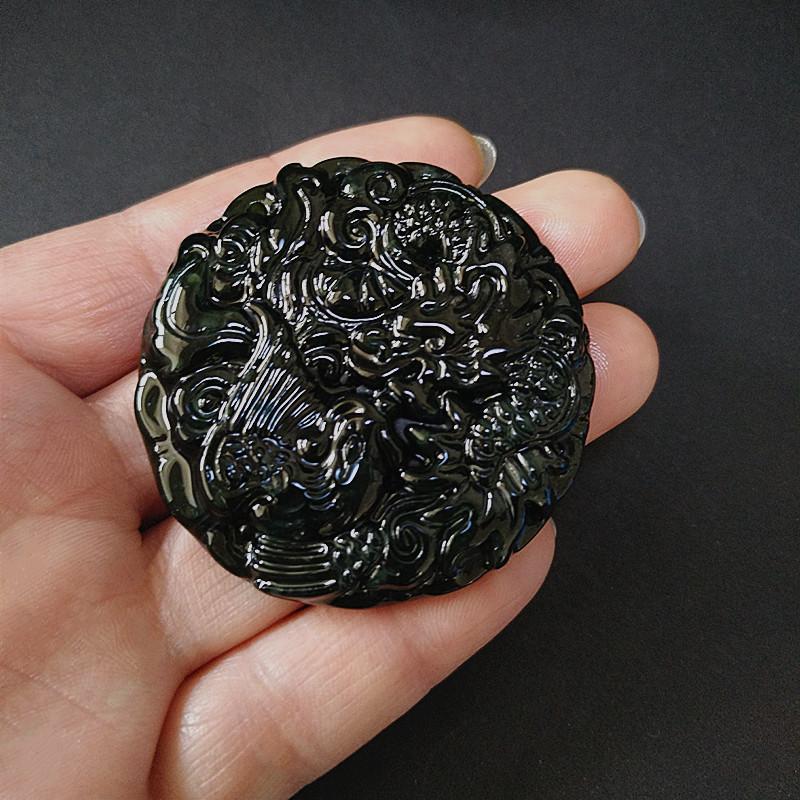 Black Green Jade Dragon  Phoenix Couple Pendant Necklace - Auspicious Birthday Gift 0086