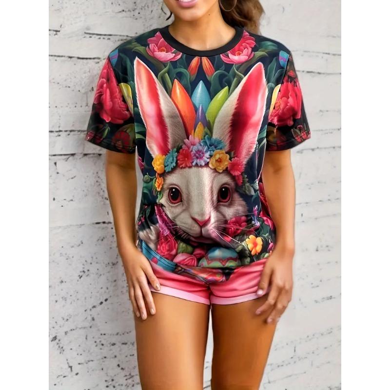 Full color Easter bunny and egg flower women's T-shirt casual short sleeved shirt